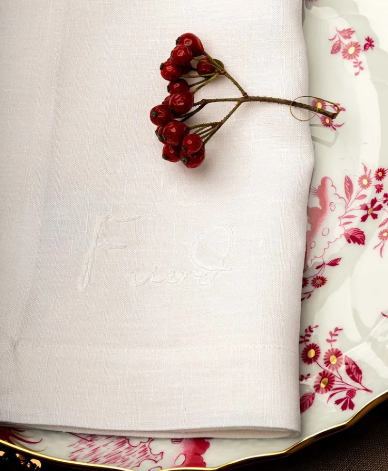 indradanush Tischwäsche|Servietten|Bestickte Leinenserviette Freund/Freundin/Friend