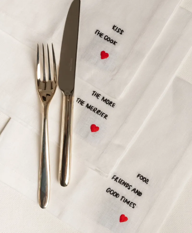 indradanush Tischwäsche|Servietten|Besticktes Leinenservietten-Set "Eat & Drink"