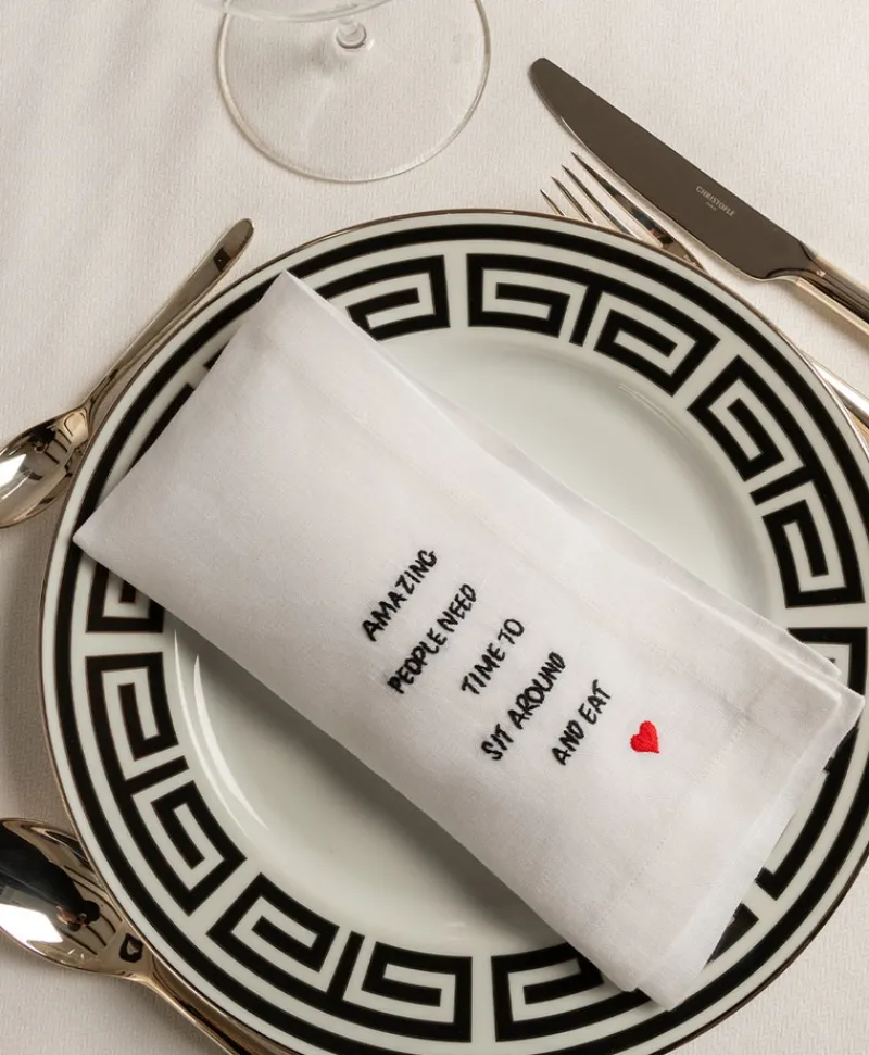 indradanush Tischwäsche|Servietten|Besticktes Leinenservietten-Set "Eat & Drink"