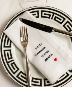 indradanush Tischwäsche|Servietten|Besticktes Leinenservietten-Set "Eat & Drink"