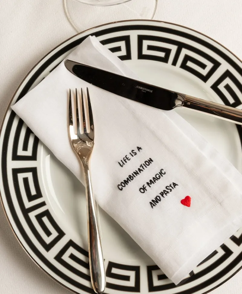 indradanush Tischwäsche|Servietten|Besticktes Leinenservietten-Set "Eat & Drink"