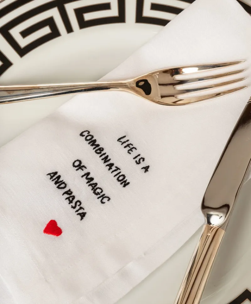 indradanush Tischwäsche|Servietten|Besticktes Leinenservietten-Set "Eat & Drink"